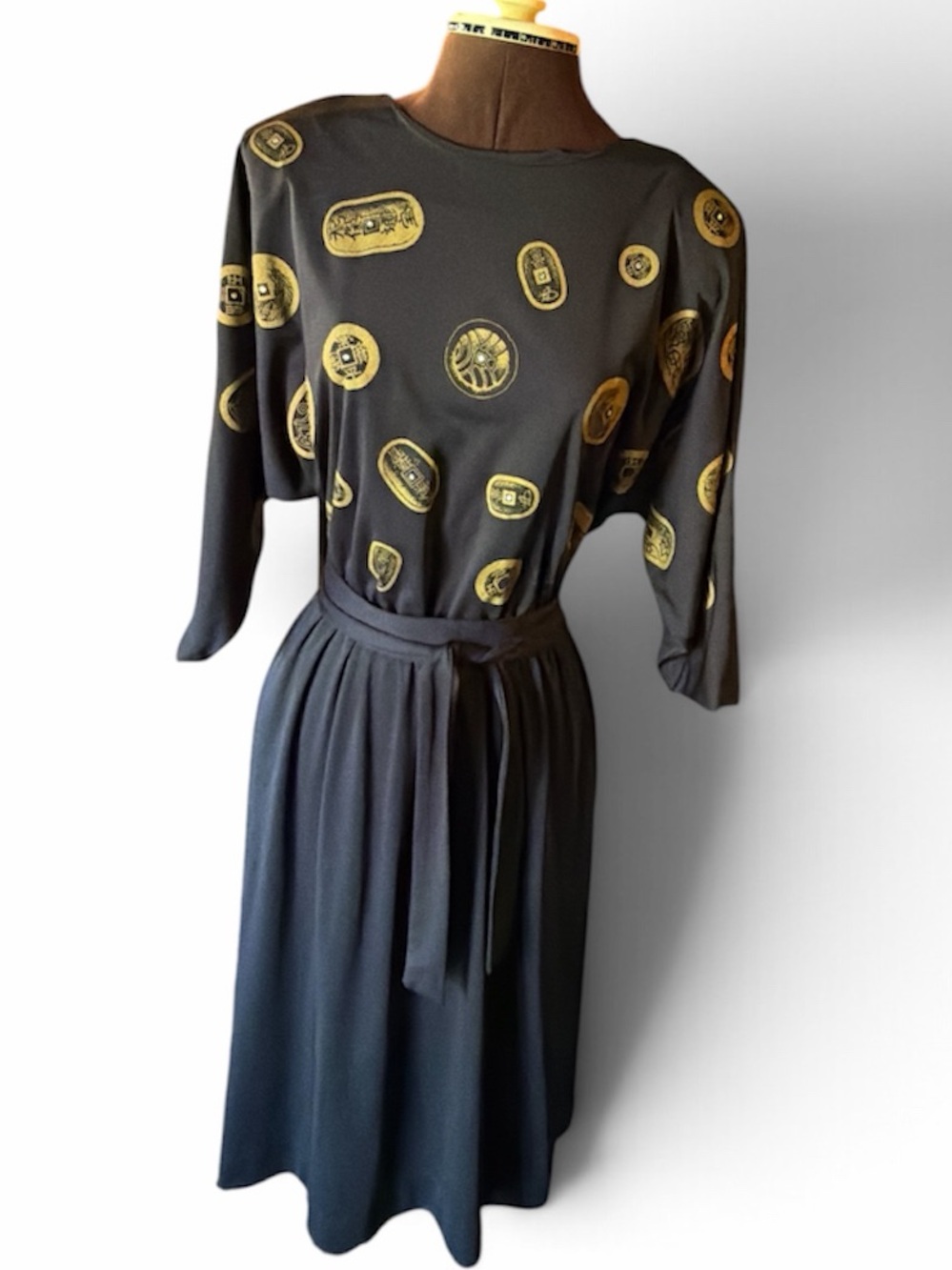 Black and Gold Printed Long-Sleeve Belted Dress
